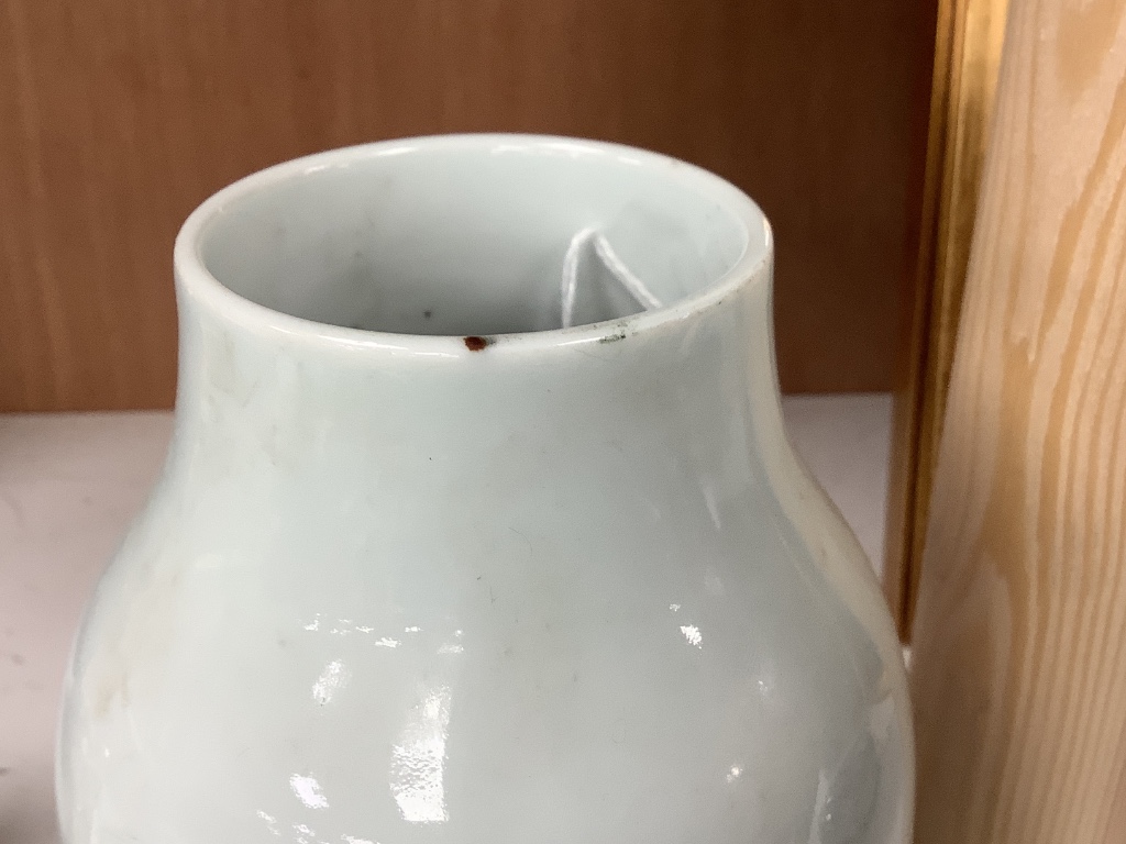 A Chinese underglaze copper red vase and a Chinese blue and white ‘dragon’ box and cover, tallest 15cm